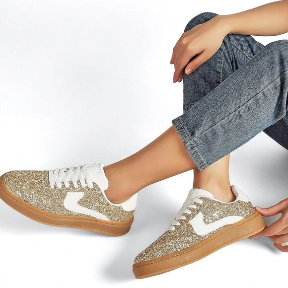 Women's Glitter Sneakers Casual Sparkly Anti Slip Rubber Sole Lace-Up - Picture 8 of 9